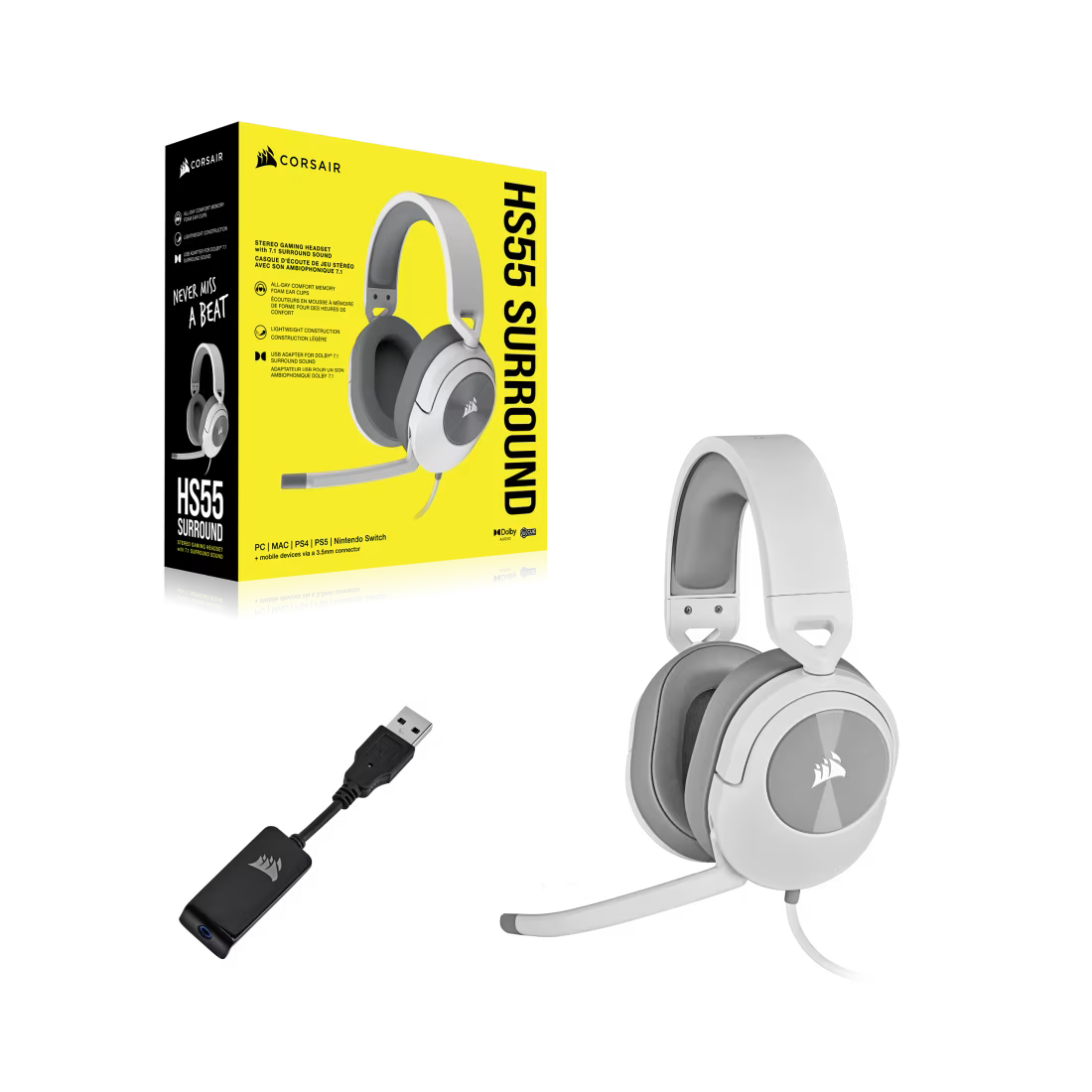 Corsair HS55 7.1 Surround Wired Gaming Headset - White