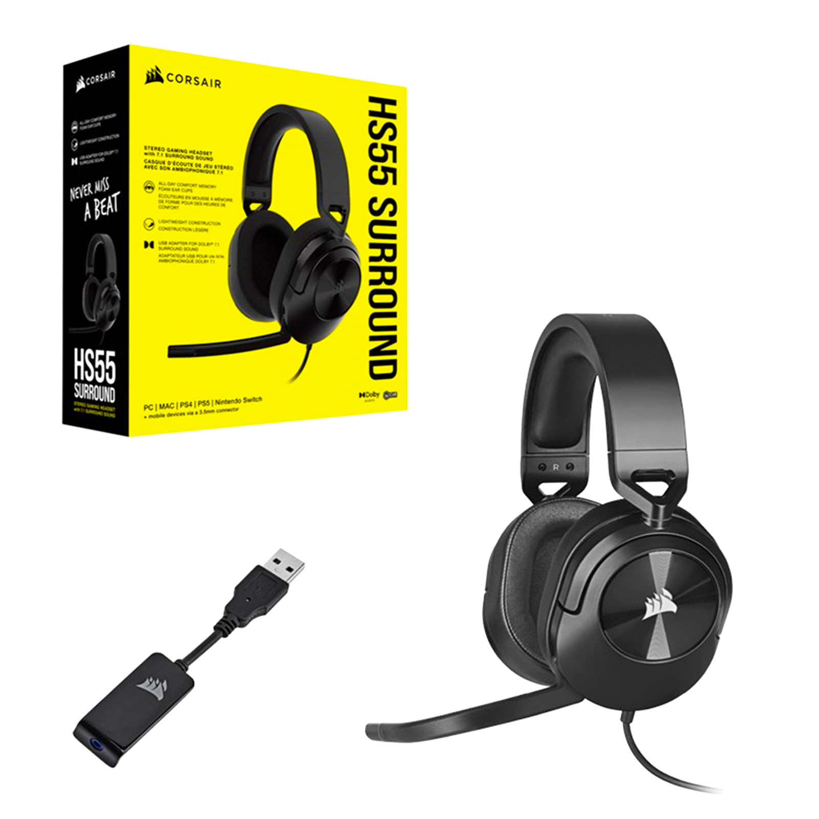 Corsair HS55 7.1 Surround Wired Gaming Headset - Carbon Black